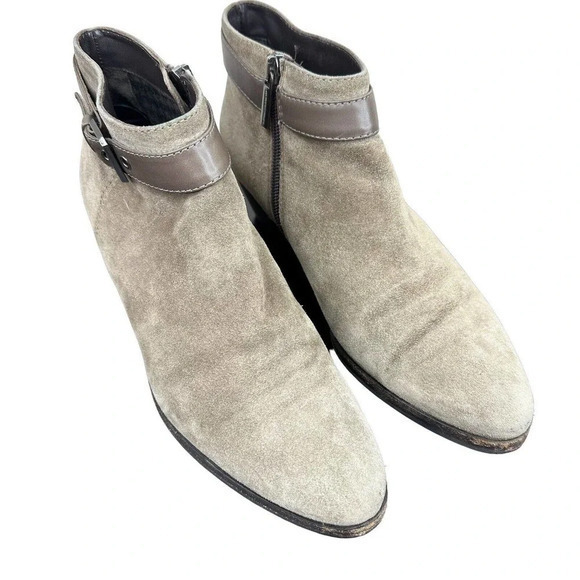 Aquatalia Womens Size 7.5 Tan Taupe‎ Suede Low Block Heel Ankle Zip Booties - Picture 1 of 12